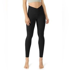 ODODOS Women’s Black Gathered Cross Waist Yoga Pants - 25"
